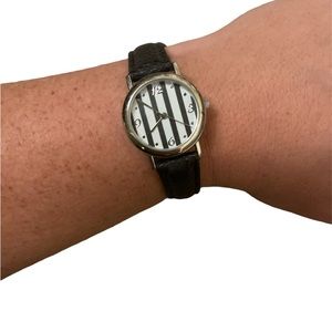 BWC Black and White Stripe Round Face Watch with Black Leather Band